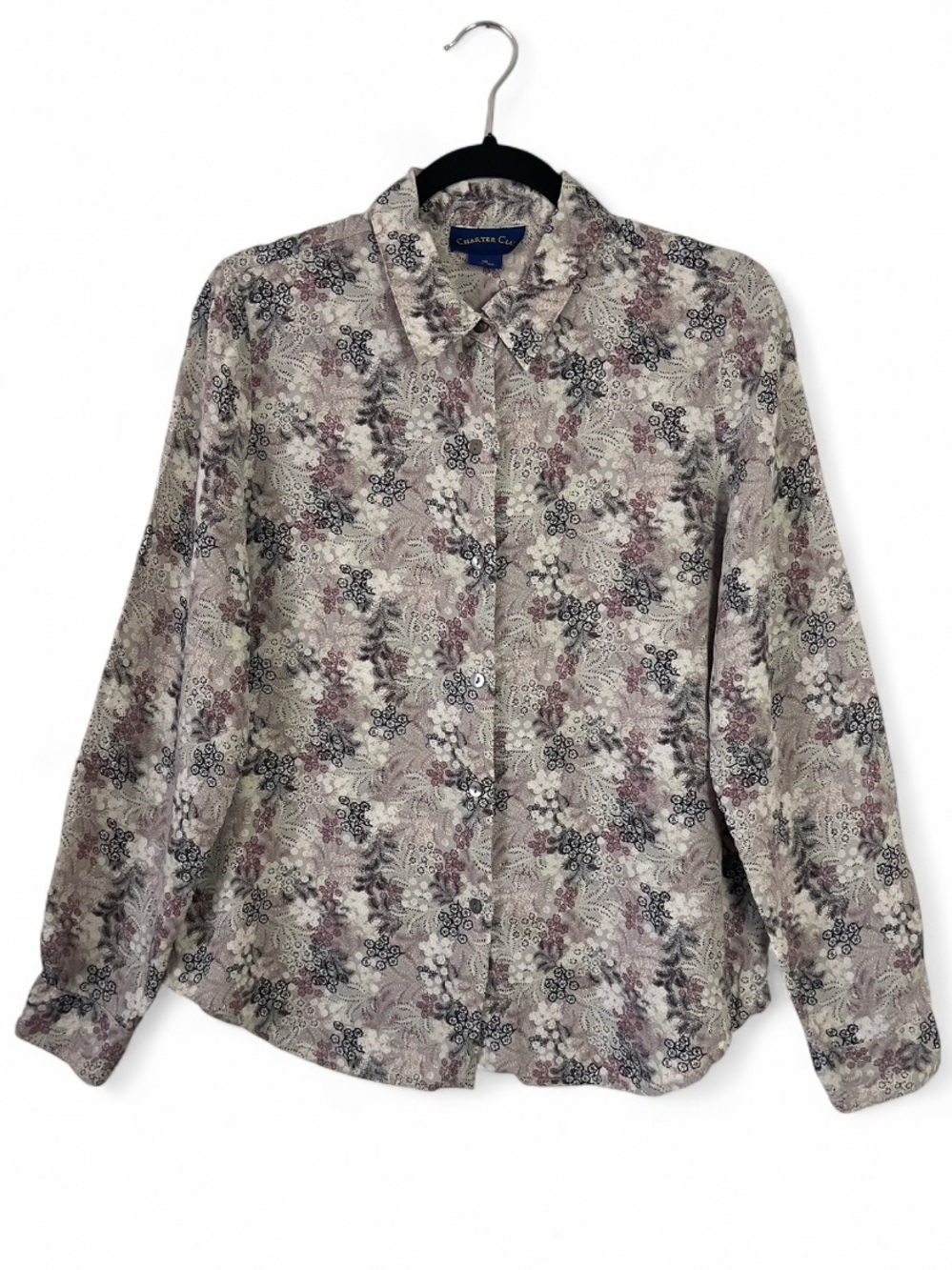 Vintage 100% Silk Charter Club Button Up Blouse Botanical Romantic 90s Neutral